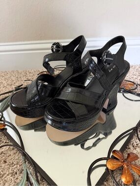 Platform Croc-Embossed Black Sandal Heels